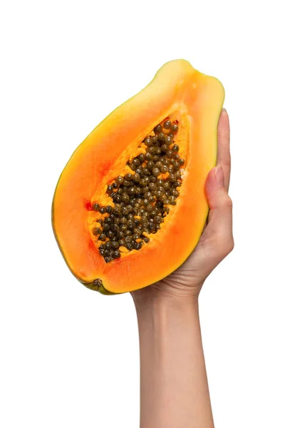 Papaya Fruit Geïsoleerd Een Witte Achtergrond Handen Van Vrouw Tropisch — Stockfoto