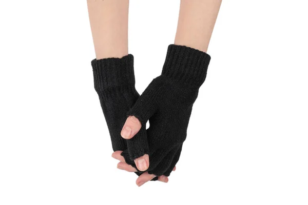 Vrouw Handen Warme Handschoenen Geïsoleerd Een Witte Achtergrond — Stockfoto