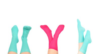 Mavi çoraplı kadın beyaz arka planda izole edilmiş. Üst görünüm. 