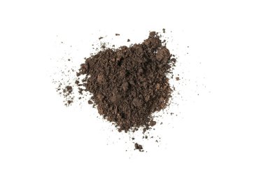 Beyaz arka planda izole edilmiş bitkiler için kara toprak. Yer deseni.