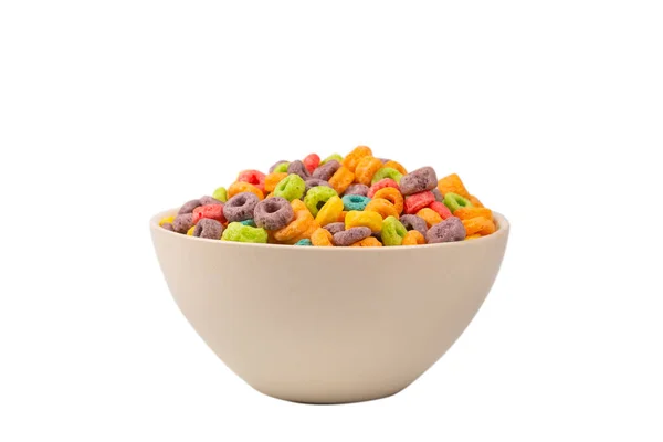 Los Coloridos Anillos Cereales Derraman Tazón Desayuno Aislado Sobre Fondo —  Fotos de Stock