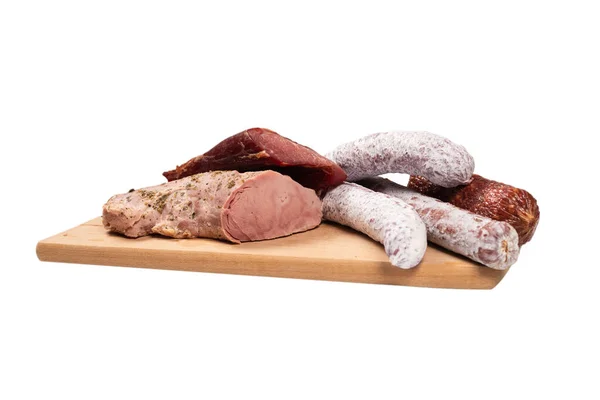 Varios Carne Carne Ahumada Salchichas Salami Aislado Sobre Fondo Blanco —  Fotos de Stock