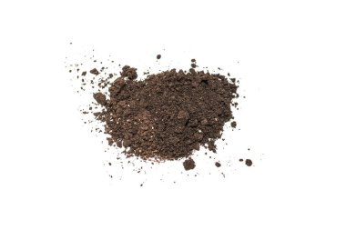 Beyaz arka planda izole edilmiş bitkiler için kara toprak. Yer deseni.
