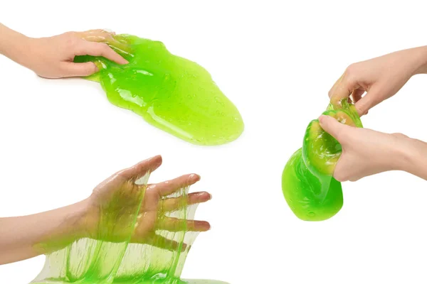 Grünes Schleimspielzeug Frauenhand Isoliert Auf Weißem Hintergrund — Stockfoto