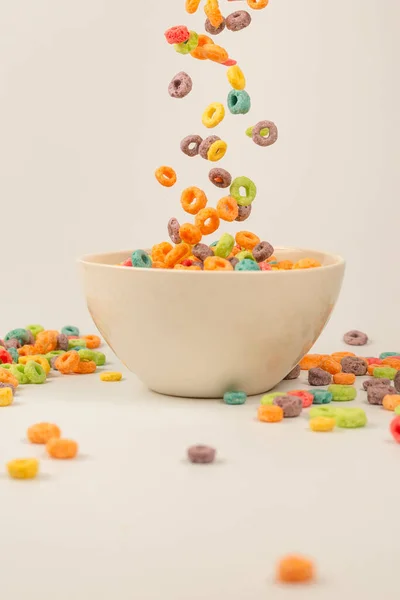 Colorful Cereal Box Morning Breakfast Corn Flakes Falling White Bowl — Stock Photo, Image