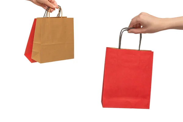 Paper Bag Woman Hands Isolated White Background — Stock Photo, Image