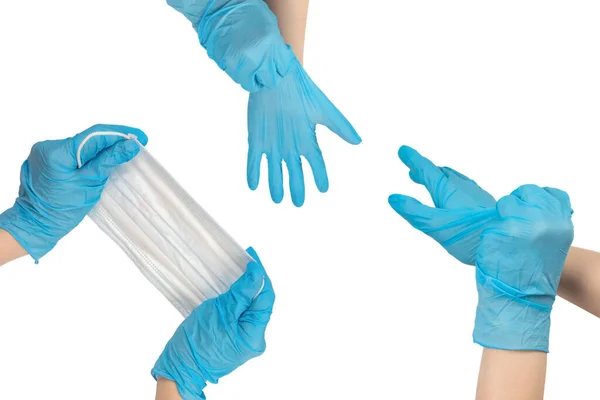女人戴上蓝色橡胶手套的防护面罩 与白种人隔离 — 图库照片