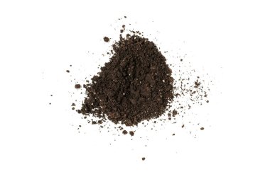 Beyaz arka planda izole edilmiş bitkiler için kara toprak. Yer deseni.