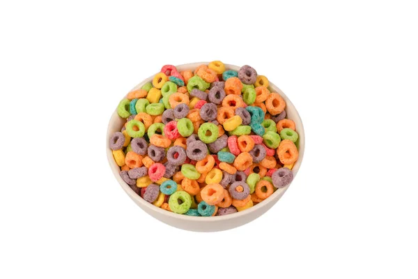 Los Coloridos Anillos Cereales Derraman Tazón Desayuno Aislado Sobre Fondo —  Fotos de Stock