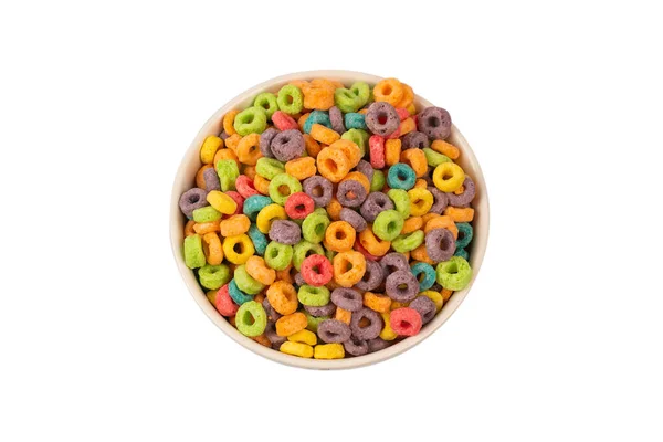 Kolorowe Pierścienie Płatków Wylać Miski Śniadanie Izolacja Białym Tle — Zdjęcie stockowe