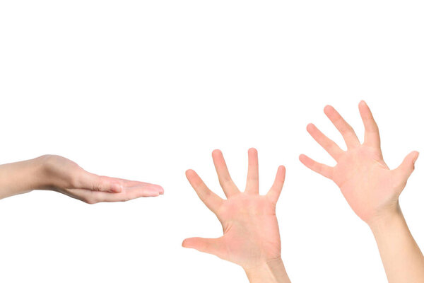 Hand of woman isolated on white background.