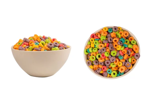 Anéis Coloridos Cereal Derramar Uma Tigela Pequeno Almoço Isolado Sobre — Fotografia de Stock