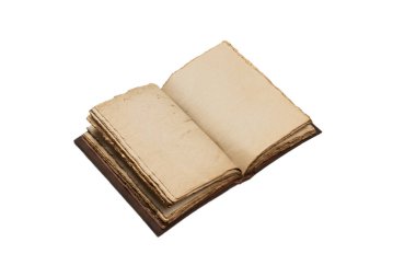 Beyaz bir arkaplanda izole edilmiş boş eski bir defter. Boşluğu kopyala.  