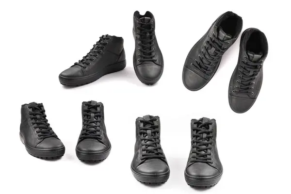 黑色皮鞋和黑色背景的黑色相机 复制空间 — 图库照片