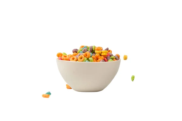 Colorida Caja Cereales Para Desayuno Mañana Copos Maíz Cayendo Tazón — Foto de Stock