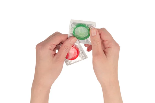 Kondom Ruce Ženy Izolované Bílém Pozadí — Stock fotografie
