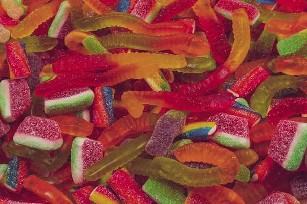 Verschiedene Leckere Gummibärchen Ansicht Von Oben Gelee Bonbons Hintergrund — Stockfoto