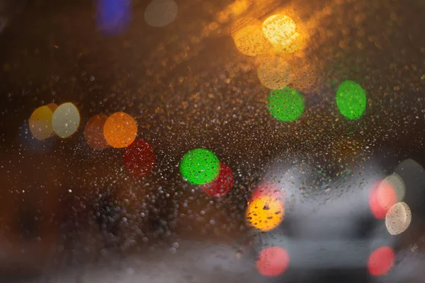 Fundo Borrado Com Gotas Chuva Luzes — Fotografia de Stock