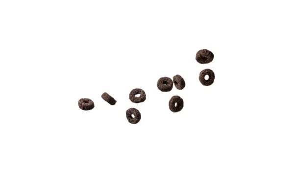 Schokoladenringe Müsli Verschüttet Eine Schüssel Frühstück Isoliert Auf Weißem Hintergrund — Stockfoto