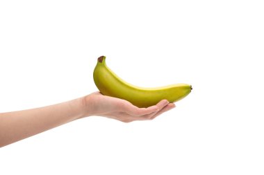 Beyaz bir arka planda, bir avuç muzu, bir kadının elinde soyutlamış..