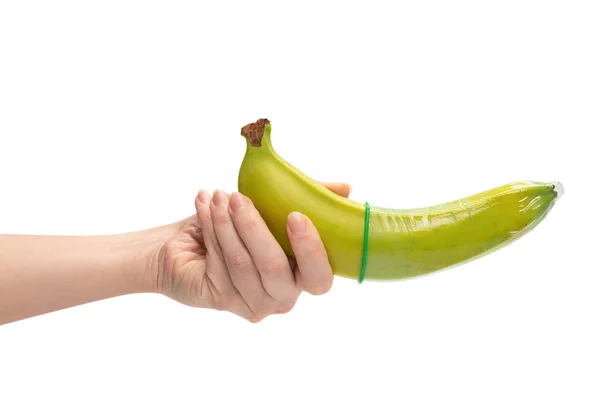 Mulher Pôs Preservativo Uma Banana Isolado Sobre Fundo Branco — Fotografia de Stock