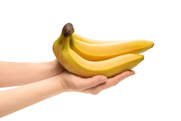 Banda Bananów Ręce Kobiety Odizolowana Białym Tle — Zdjęcie stockowe