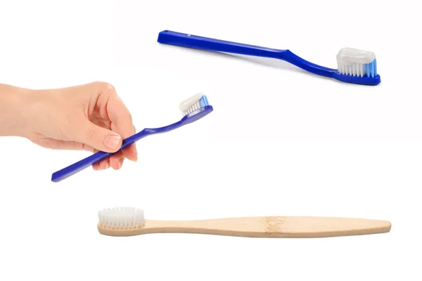 Blue Toothbrush Toothpaste Her Hand Isolated White Background Copy Space — Stock Photo, Image
