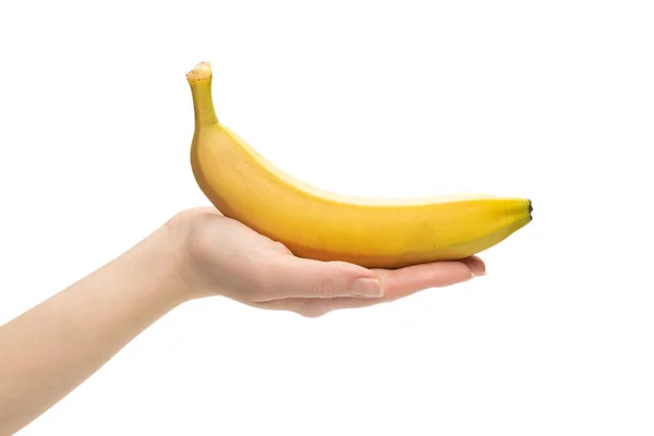 Flok Bananer Kvinde Hånd Isoleret Hvid Baggrund - Stock-foto