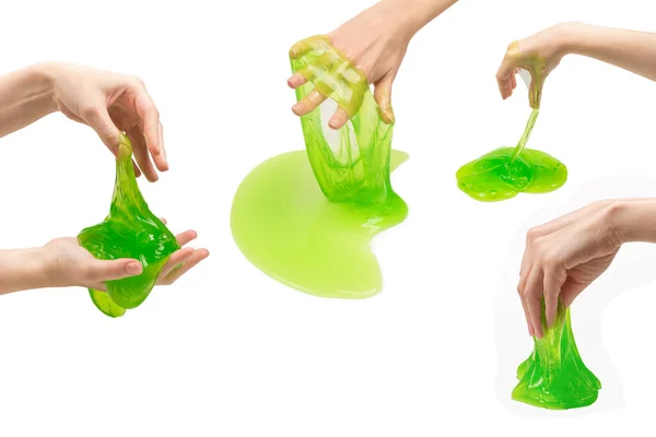 Zielony Szlam Zabawka Kobieta Ręka Odizolowany Biały — Zdjęcie stockowe