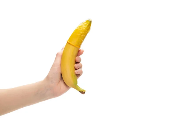 Una Mujer Puso Condón Plátano Aislado Sobre Fondo Blanco — Foto de Stock