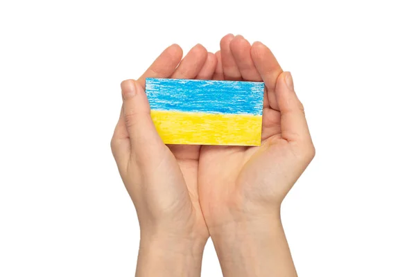 Ukrainska Flagga Kvinna Händer Isolerade Vit Bakgrund Stoppa Kriget — Stockfoto