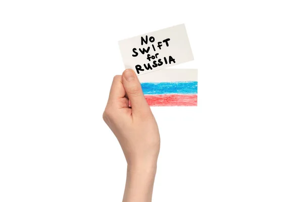 Žádný Swift Pro Rusko Text Kartě Izolované Bílém Pozadí Rukou — Stock fotografie
