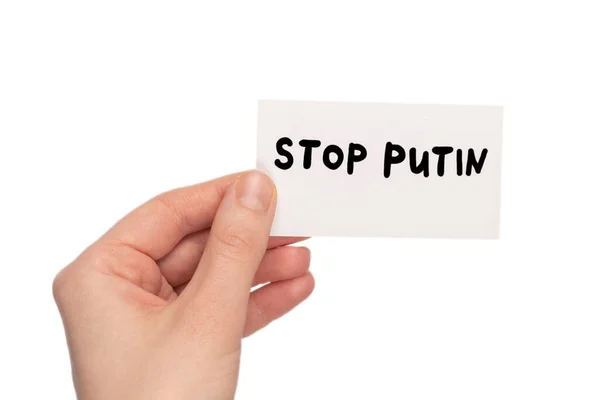 Остановить Сообщение Путина Открытке Изолированной Белом Фоне Руках Женщины — стоковое фото