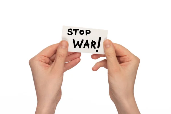 Stoppa Krig Text Ett Kort Isolerad Vit Bakgrund Kvinnliga Händer — Stockfoto