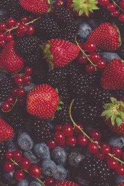 Blackberry, ahududu, yabanmersini, fonda kırmızı frenk üzümü. Üst görünüm. 