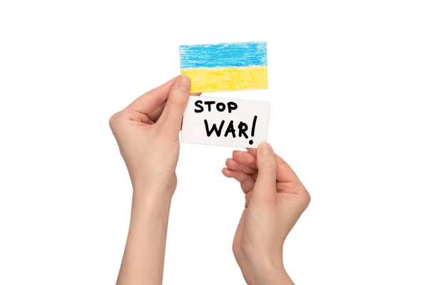 Зупинити Воєнний Текст Картці Ізольовано Білому Тлі Руках Жінки — стокове фото