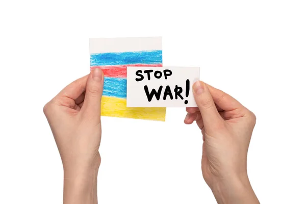 Zastavit Válečný Text Kartě Izolované Bílém Pozadí Rukou Ženy — Stock fotografie