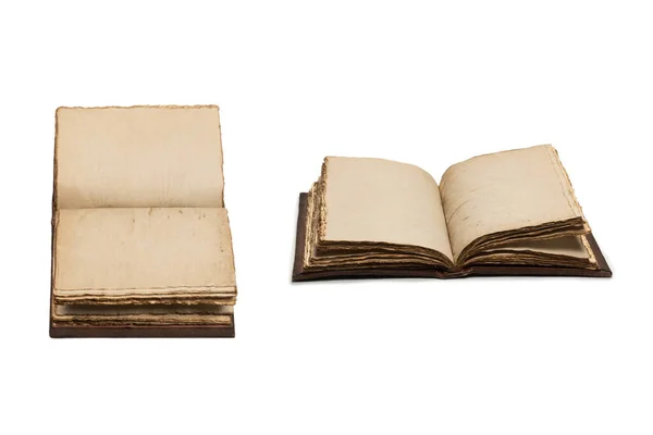 Een Open Leeg Oud Notitieboekje Geïsoleerd Een Witte Achtergrond Kopieerruimte — Stockfoto