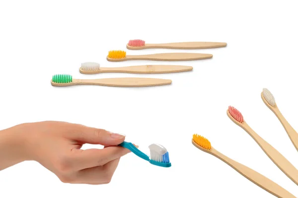 Woman Holds Toothbrush Toothpaste Her Hand Isolated White Background — Stock Photo, Image