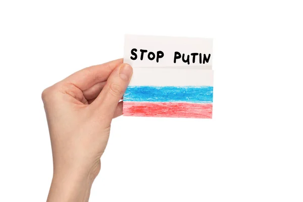 Stop Putin Text Card Isolated White Background Woman Hands — Stock Photo, Image