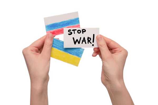 Zastavit Válečný Text Kartě Izolované Bílém Pozadí Rukou Ženy — Stock fotografie