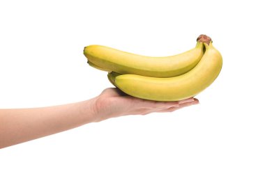 Beyaz bir arka planda, bir avuç muzu, bir kadının elinde soyutlamış..