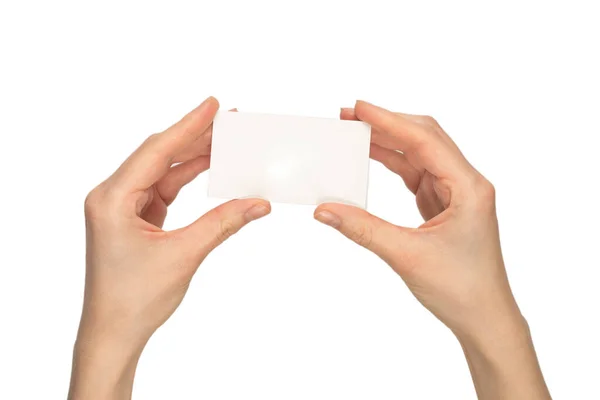 Empty Card Woman Hand Isolated White Background — Stock Photo, Image