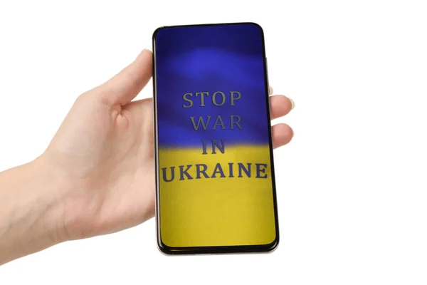 Smart Telefon Man Hand Med Ukranian Flagga Och Text Stoppa — Stockfoto