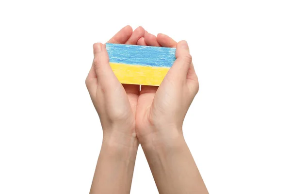 Ukrainska Flagga Kvinna Händer Isolerade Vit Bakgrund Stoppa Kriget — Stockfoto