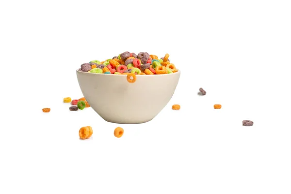 Colorful Cereal Box Morning Breakfast Corn Flakes Falling White Bowl — Stock Photo, Image