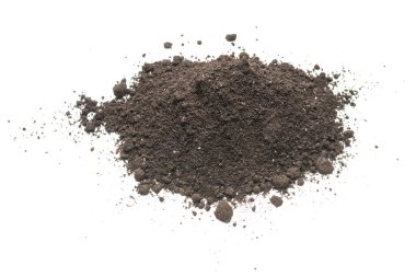 Beyaz arka planda izole edilmiş bitkiler için kara toprak. Yer deseni.
