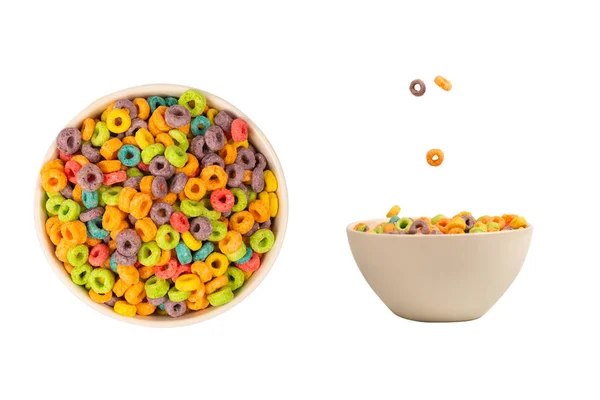 Los Coloridos Anillos Cereales Derraman Tazón Desayuno Aislado Sobre Fondo —  Fotos de Stock