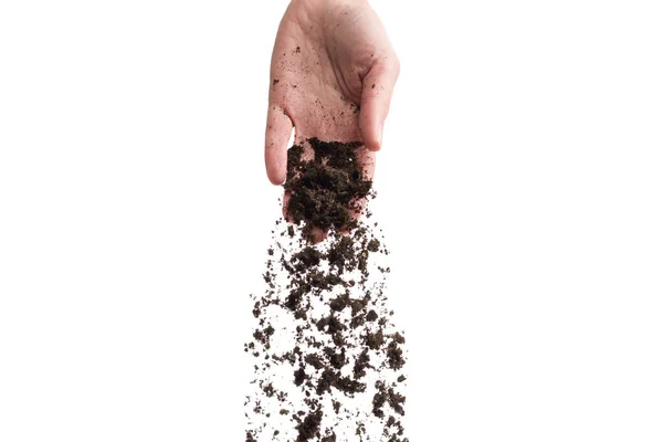 Коричневая Почва Руках Женщины Изолированы Белом Фоне Почва Выходит Контроля — стоковое фото