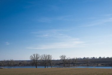 Kırsal alan, mavi gökyüzü, ağaçlar ve bir göl. Sonbahar manzarası.  
